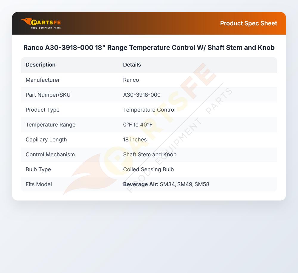 Ranco A30-3918-000 18" Range Temperature Control W/ Shaft Stem and Knob