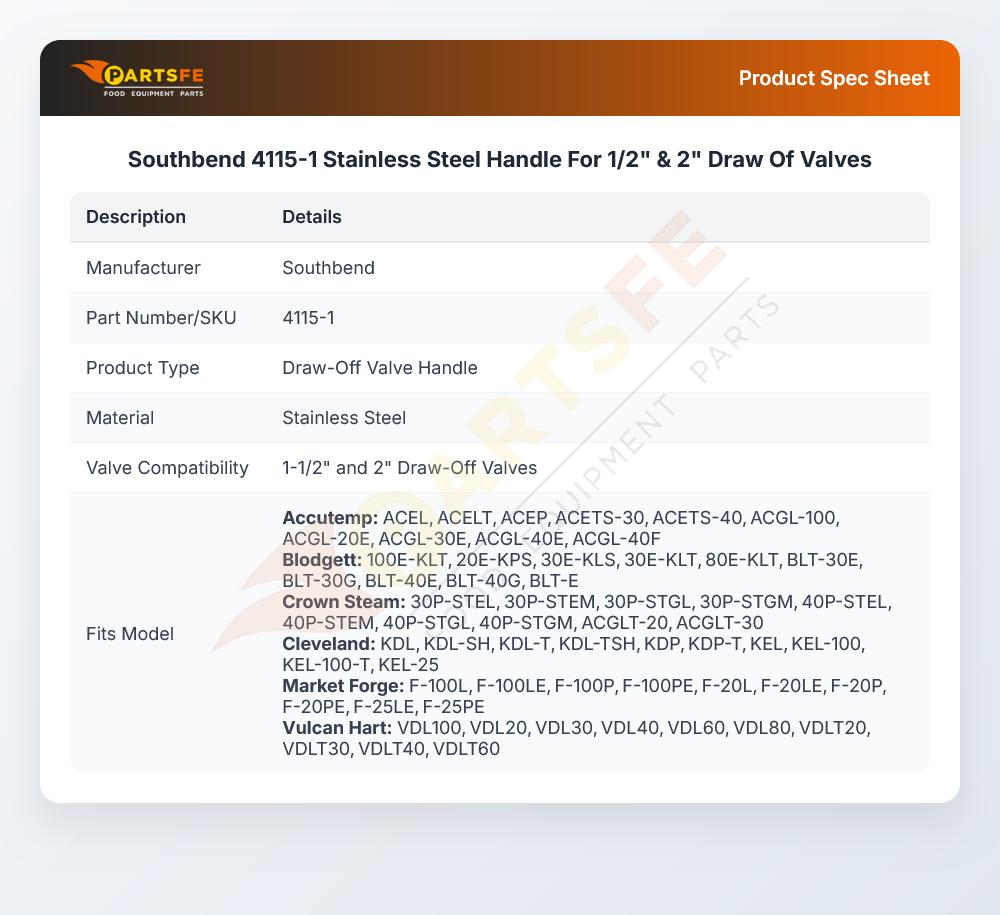 Southbend 4115-1 Handle Stainless Steel 1-1/2" & 2" Draw-Off Valves