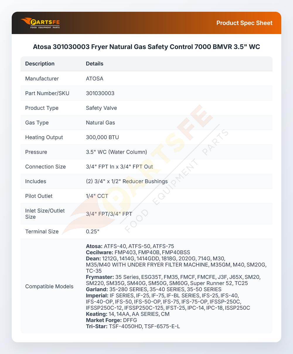 Atosa 301030003 Fryer Natural Gas Safety Control 7000 BMVR 3.5" WC