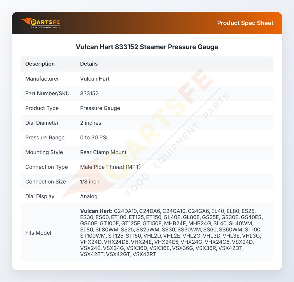 Vulcan Hart 833152 Steamer Pressure Gauge