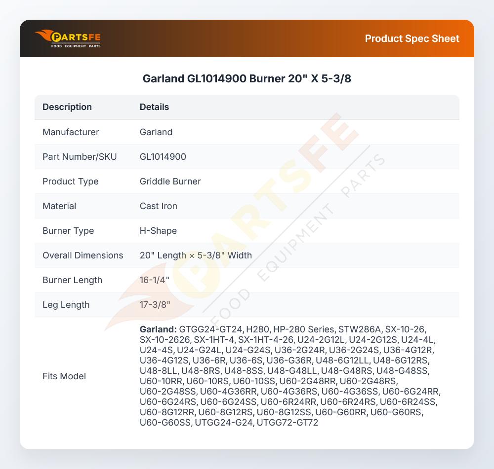 Garland GL1014900 Burner 20" X 5-3/8