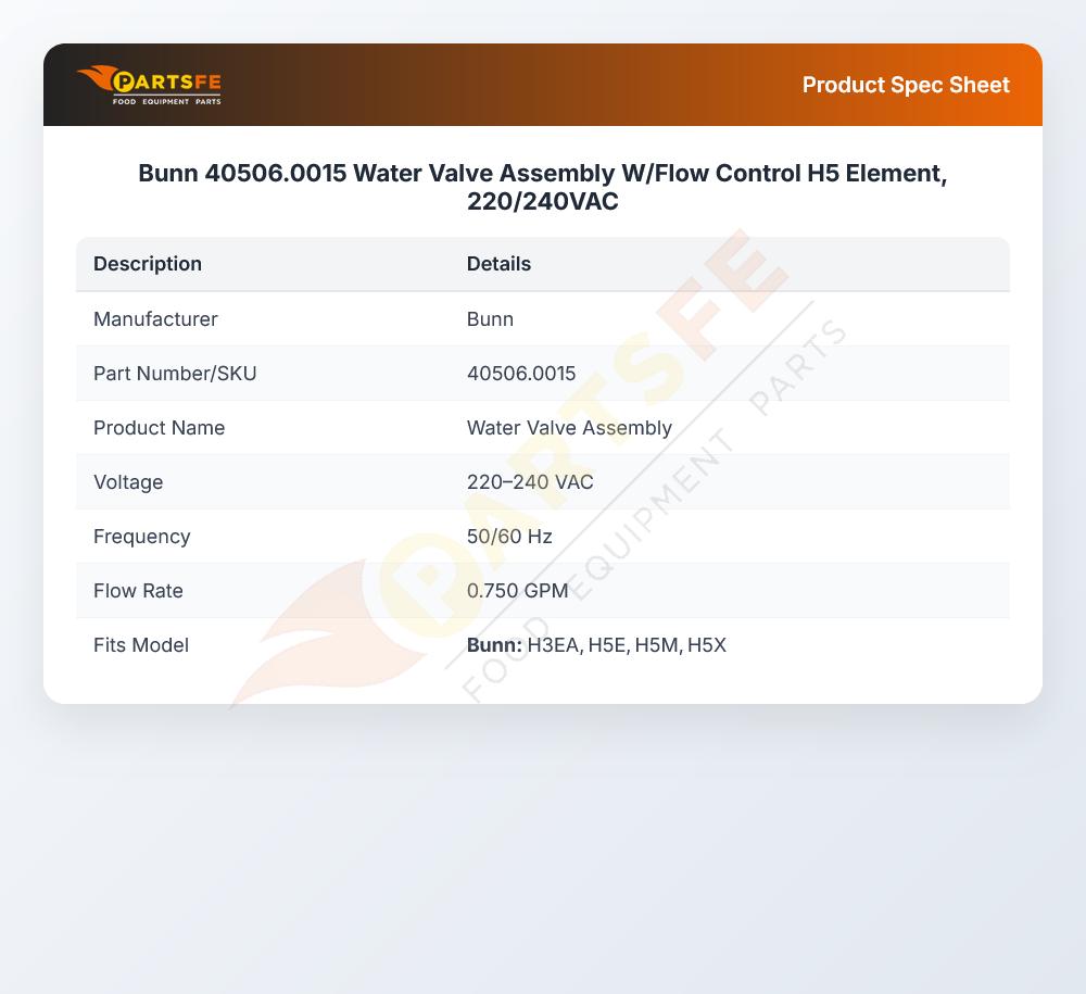 Bunn 40506.0015 Water Valve Assembly W/Flow Control H5 Element, 220/240VAC