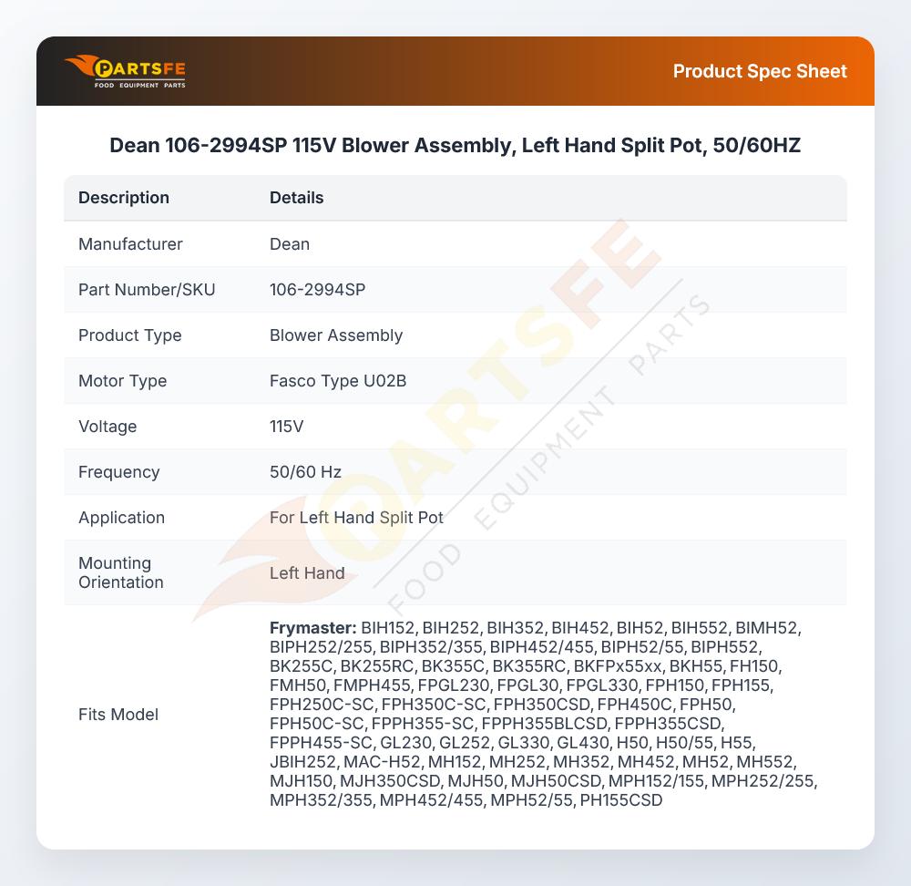 Dean 106-2994SP Blower Assembly 115V 50/60Hz