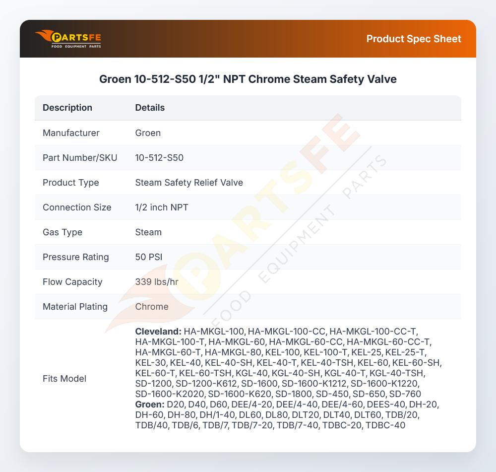 Groen 10-512-S50 Steam Safety Relief Valve 1/2" NPT Chrome