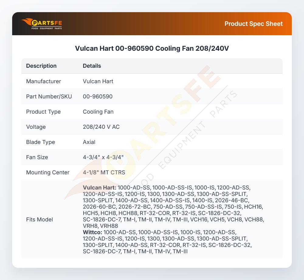 Vulcan Hart 00-960590 Cooling Fan 208-240V 50/60Hz
