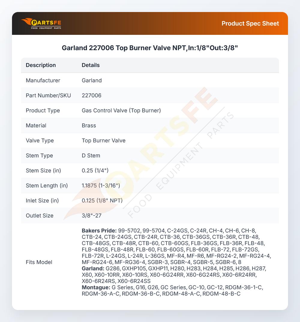 Garland 227006 Top Burner Valve NPT,In:1/8"Out:3/8"