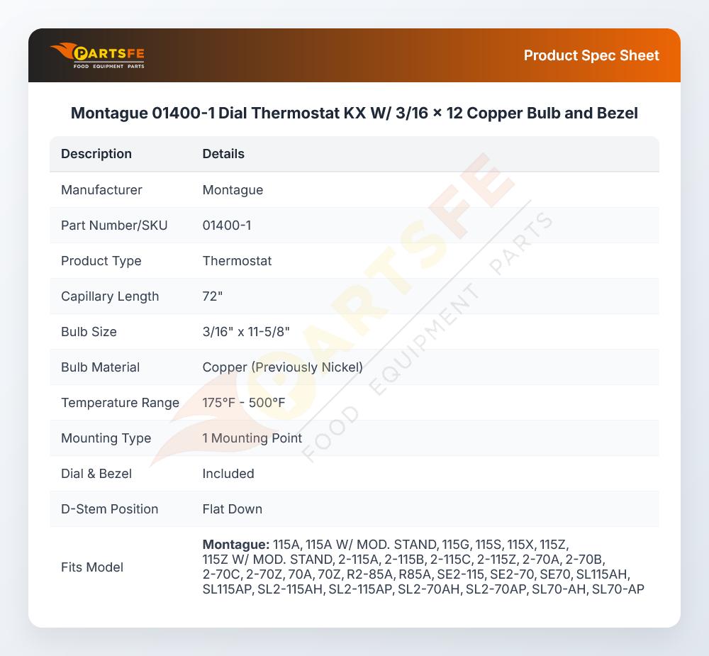 Montague 01400-1 Thermostat W/Dial KX 3/16" X 12" Copper Bulb & Bezel