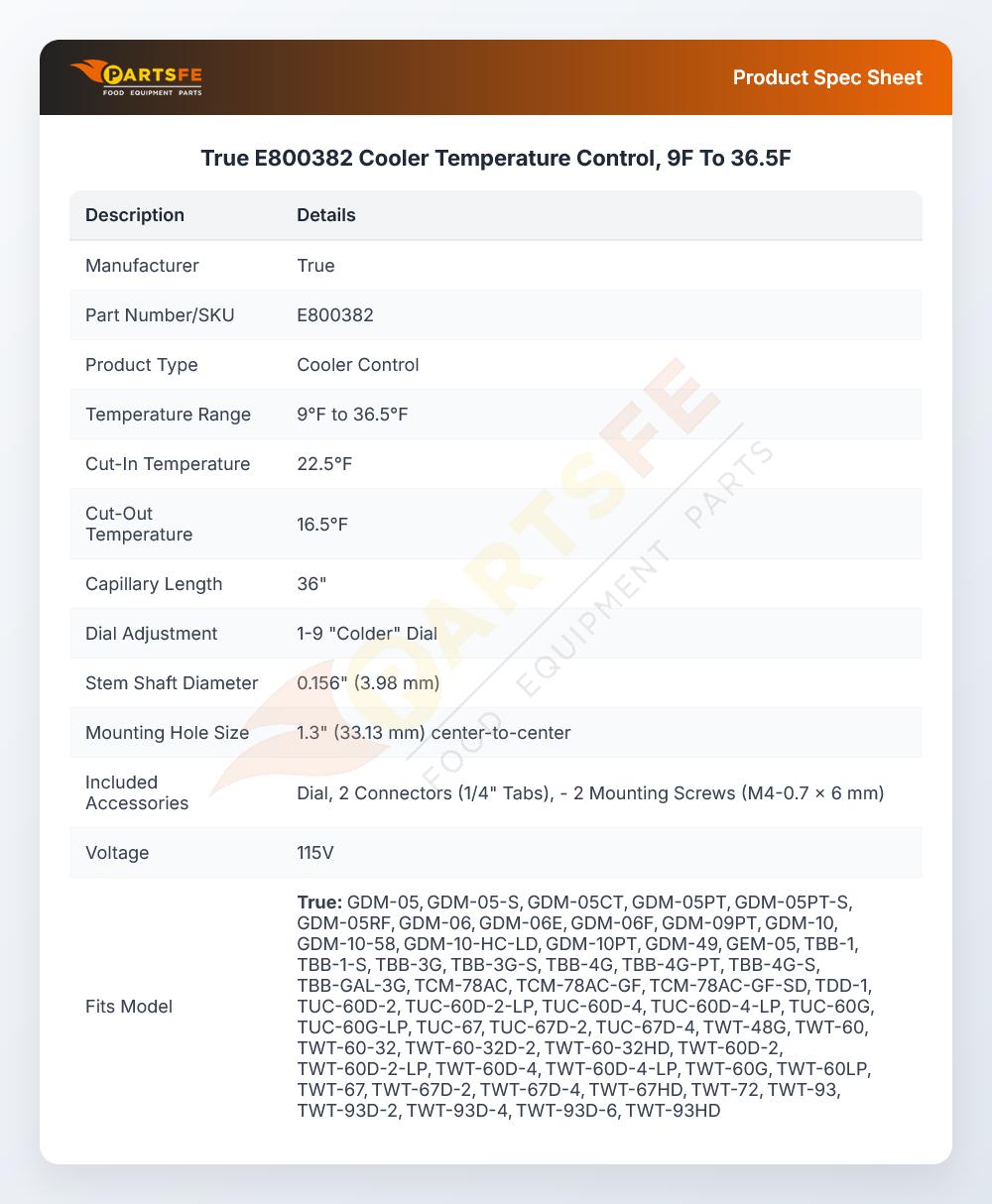 True E800382 Cooler Temperature Control, 9F To 36.5F