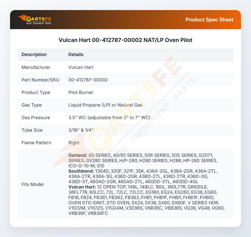 Vulcan Hart 00-412787-00002 Oven Pilot Burner Propane