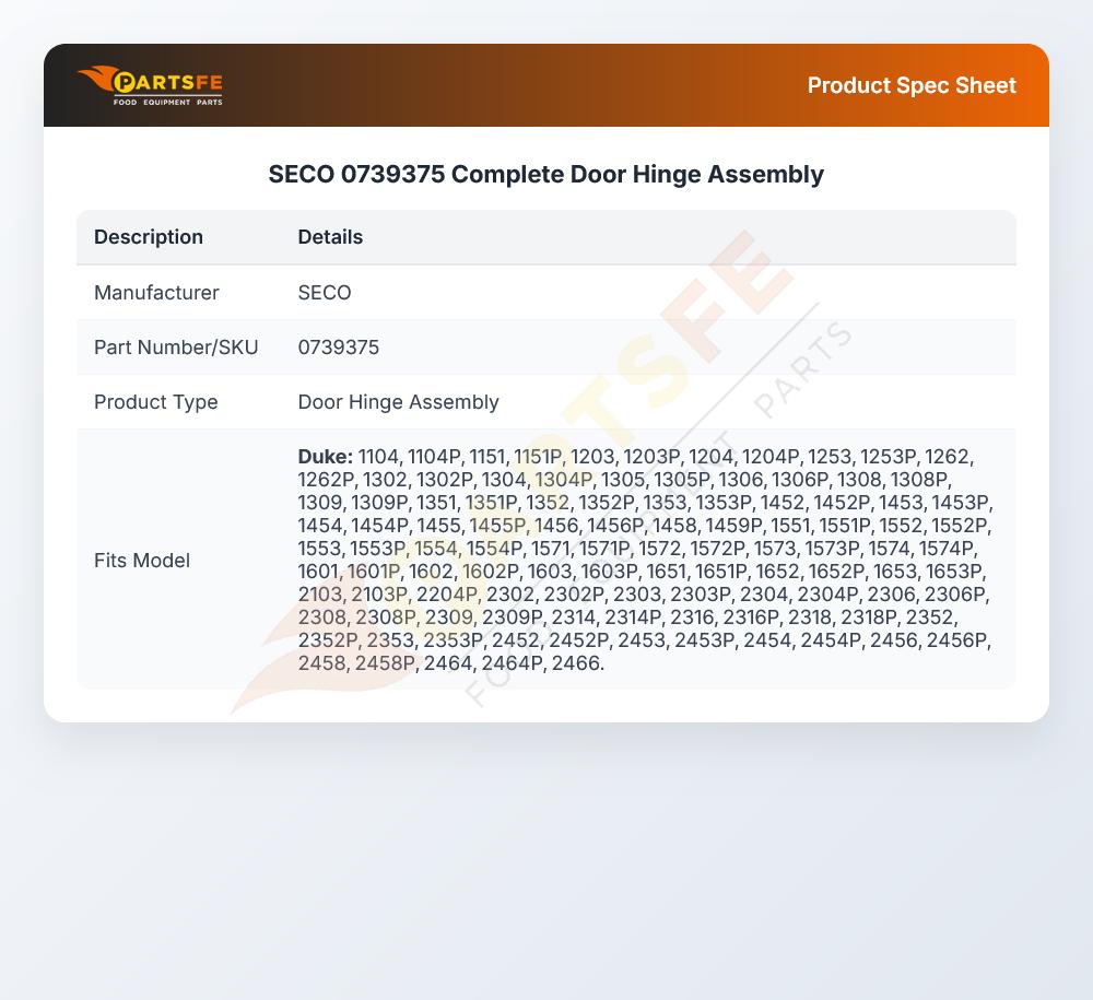SECO 0739375 Complete Door Hinge Assembly