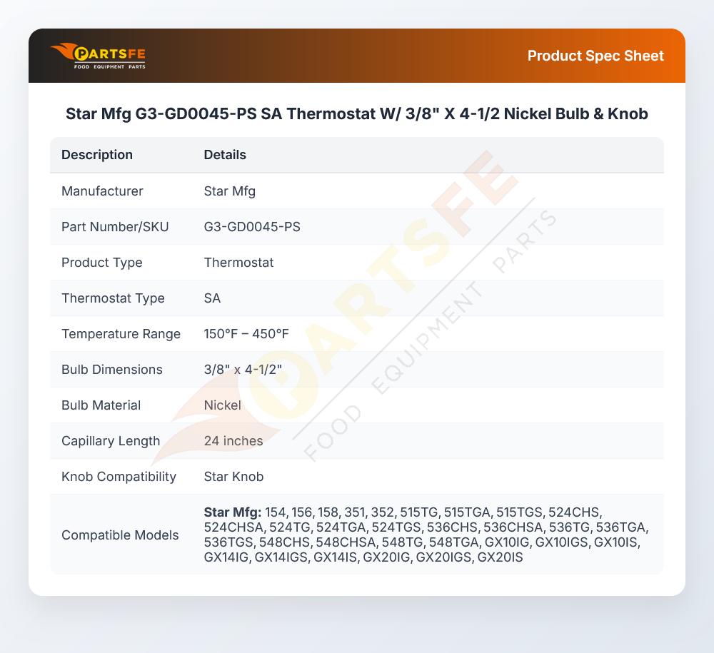 Star Mfg G3-GD0045-PS Thermostat SA 3/8" X 4-1/2" Bulb 24" CAP