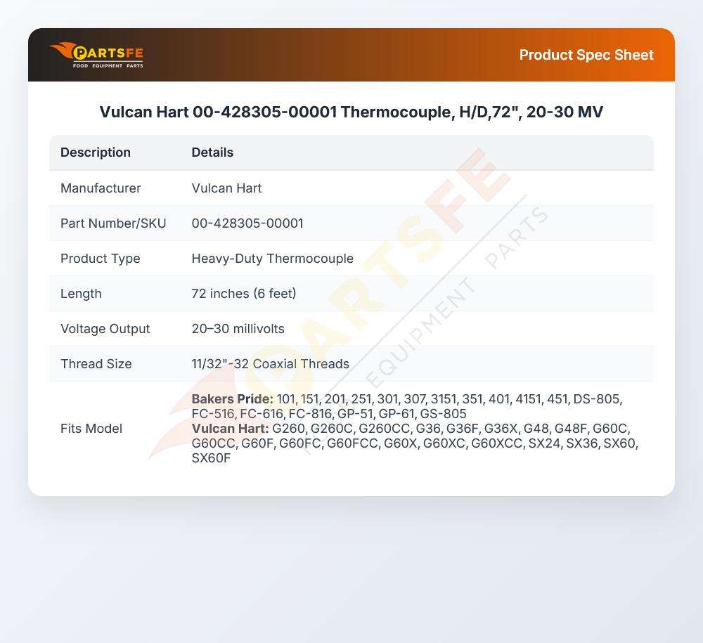 Vulcan Hart 00-428305-00001 Range Thermocouple 72" 20-30mV