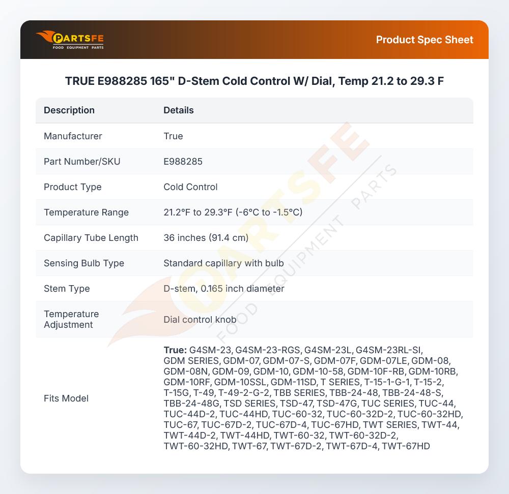 TRUE E988285 165" D-Stem Cold Control W/ Dial, Temp 21.2 to 29.3 F