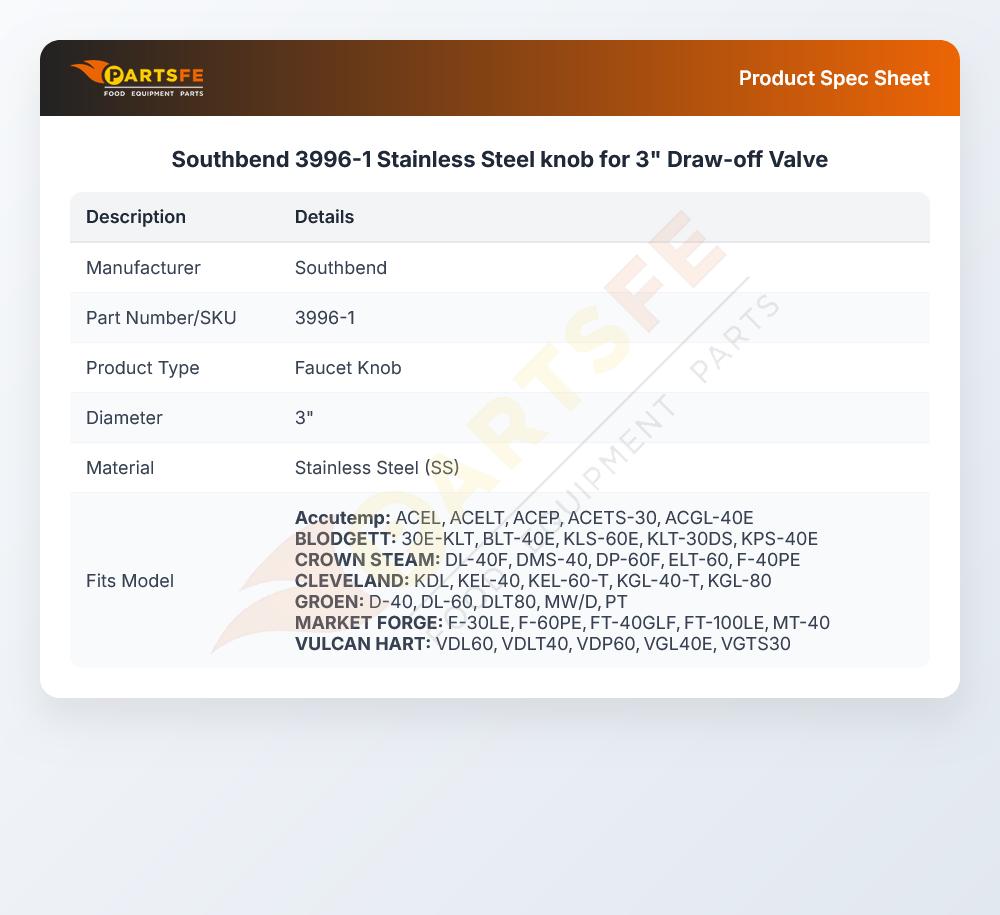 Southbend 3996-1 Draw-Off Valve Knob 3" Stainless Steel