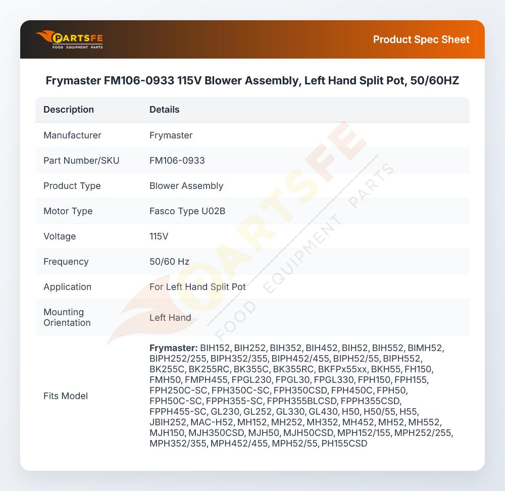 Frymaster FM106-0933 Fryer Blower Assembly 115V 50/60Hz