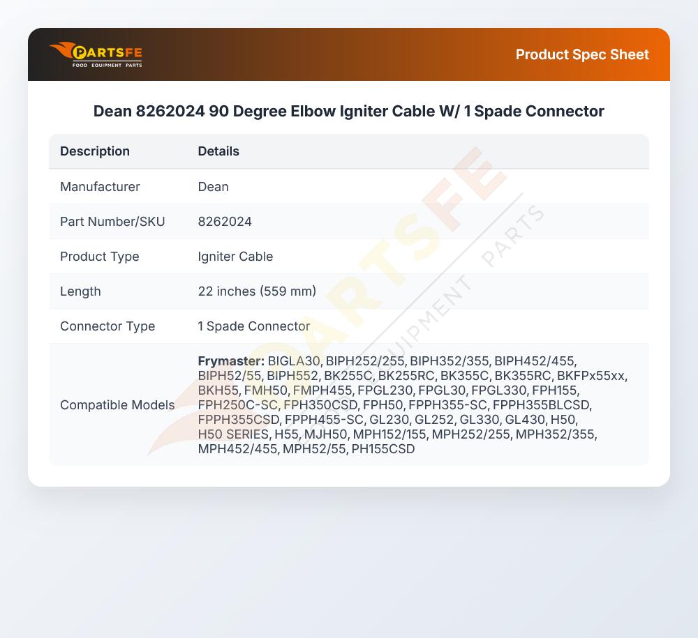 Dean 8262024 90 Degree Elbow Igniter Cable W/ 1 Spade Connector