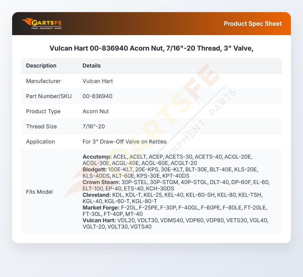 Vulcan Hart 00-836940 Acorn Nut 7/16"-20