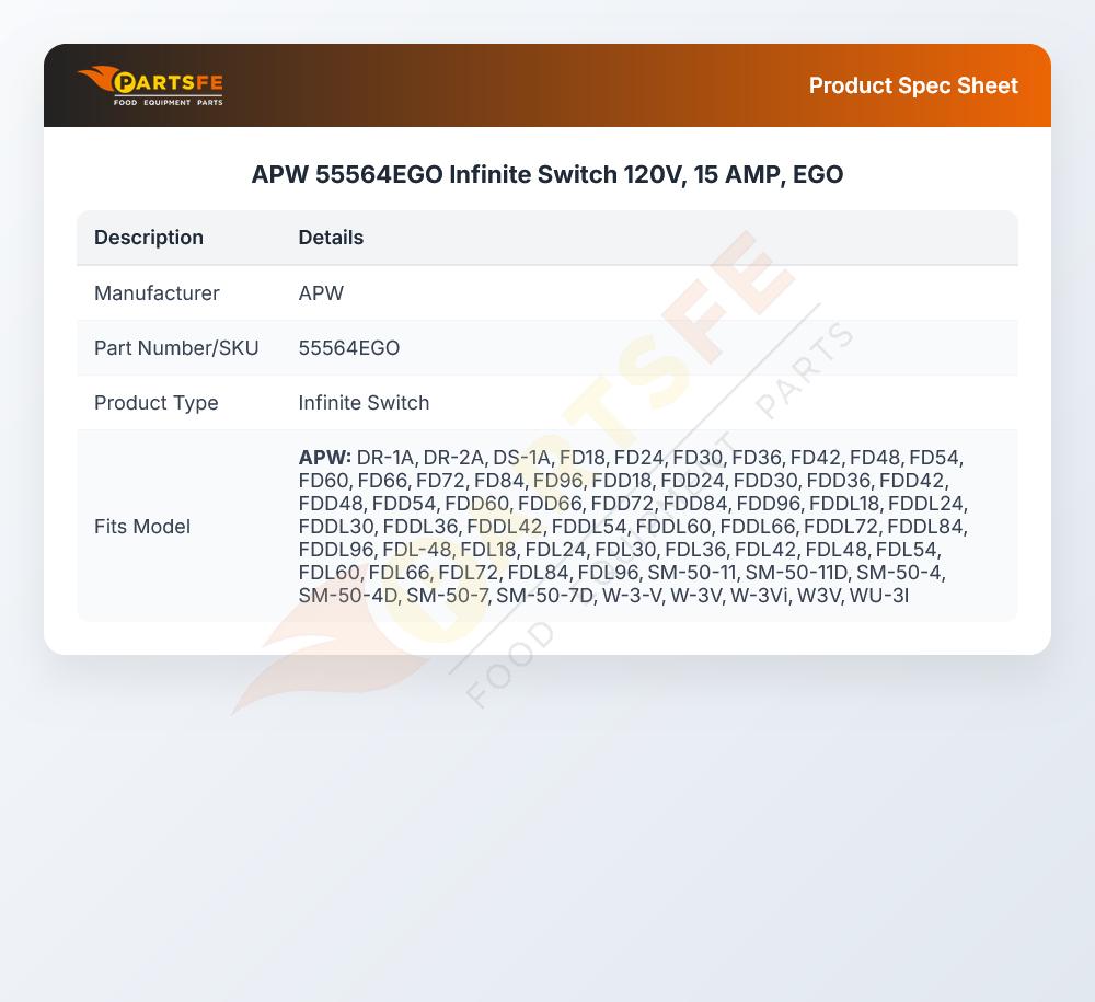 APW 55564EGO Infinite Switch 15 AMP 120V