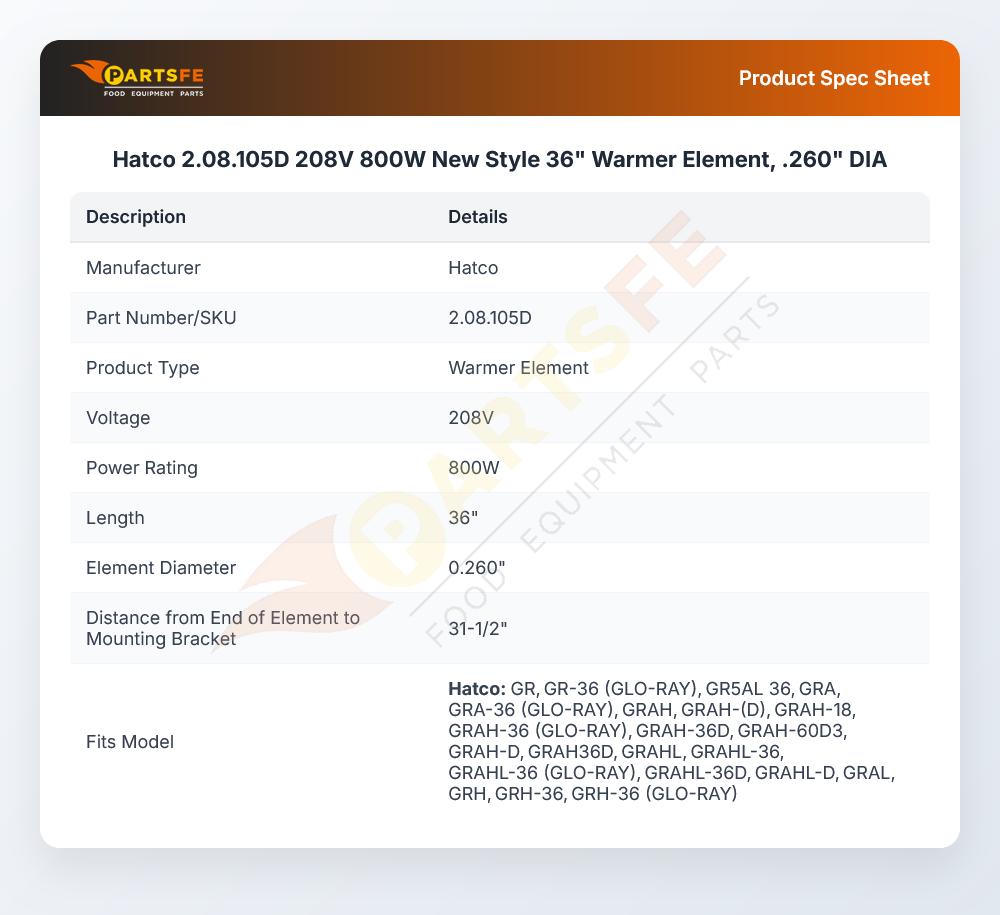 Hatco 2.08.105D 208V 800W New Style 36" Warmer Element, .260" DIA