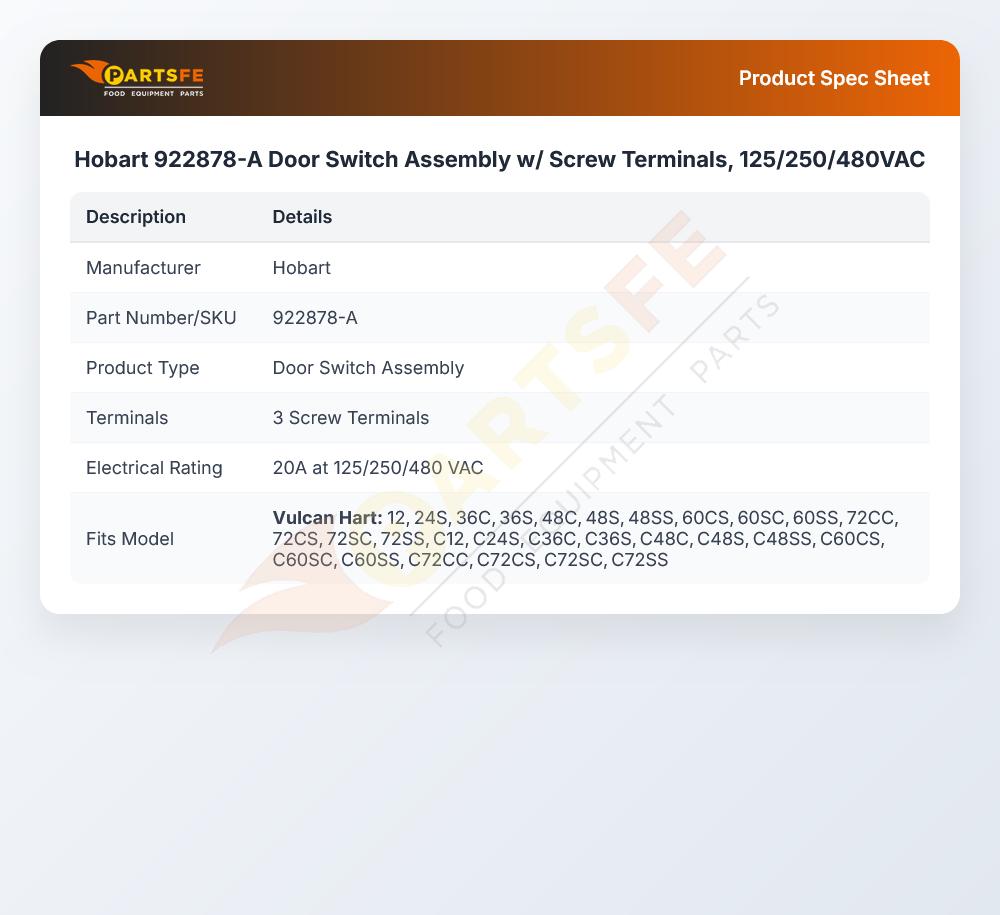 Hobart 922878-A Door Switch Assembly w/ Screw Terminals, 125/250/480VAC