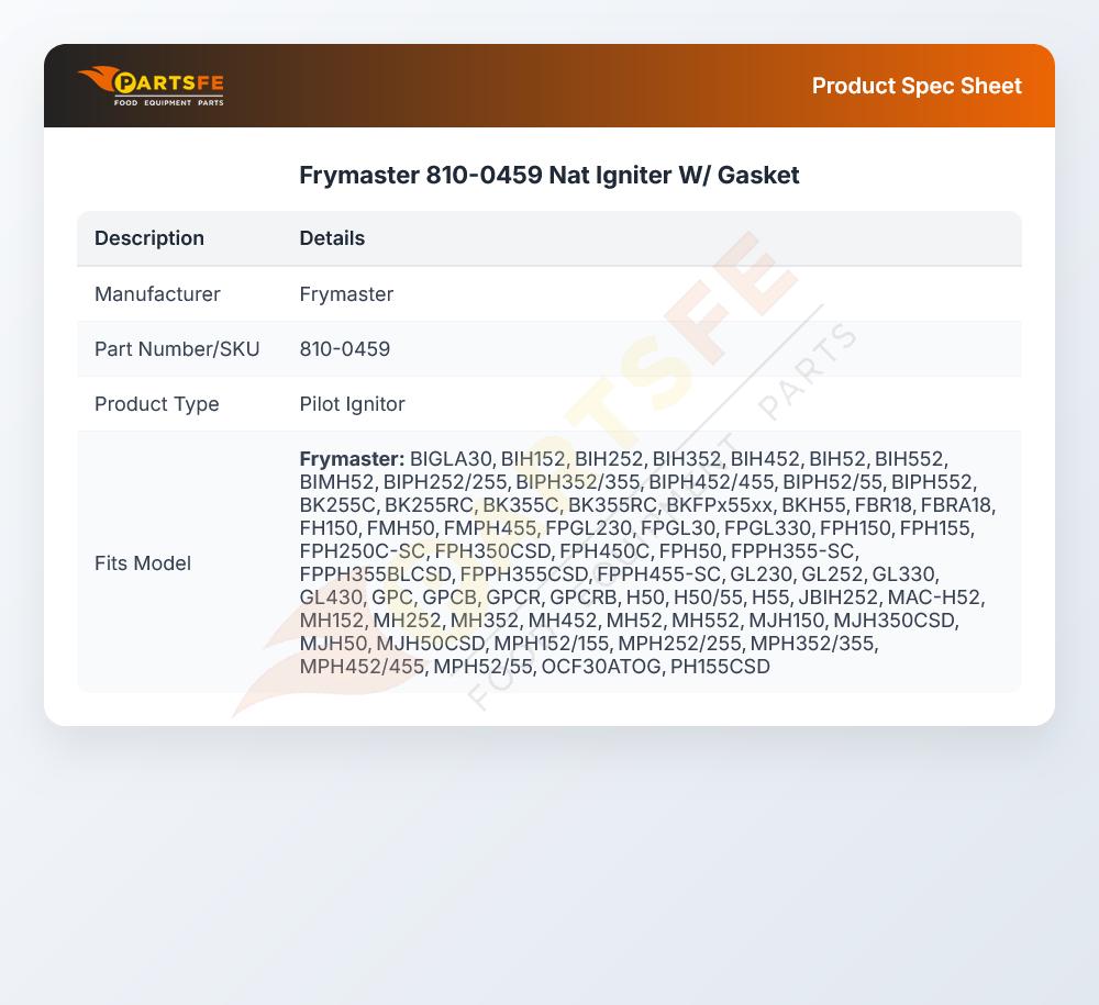 Frymaster 810-0459 Nat Igniter W/ Gasket