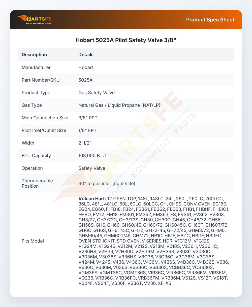 Hobart 5025A Pilot Safety Valve 3/8"