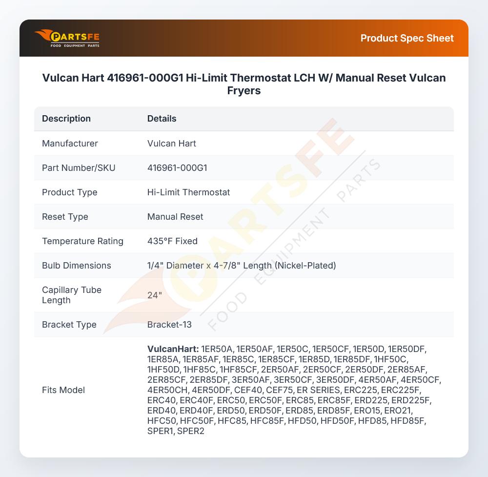 Vulcan Hart 416961-000G1 Hi-Limit Thermostat LCH W/ Manual Reset Vulcan Fryers