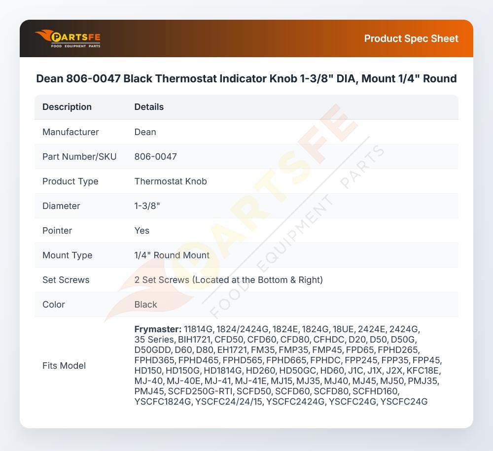 Dean 806-0047 Black Thermostat Indicator Knob 1-3/8" DIA, Mount 1/4" Round