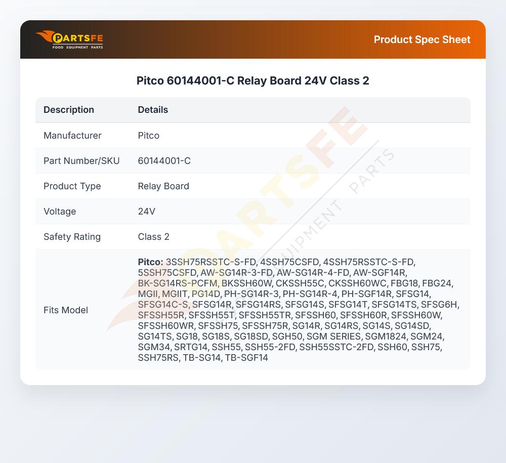 Pitco 60144001-C Fryer Relay Board 24V Class 2 SG