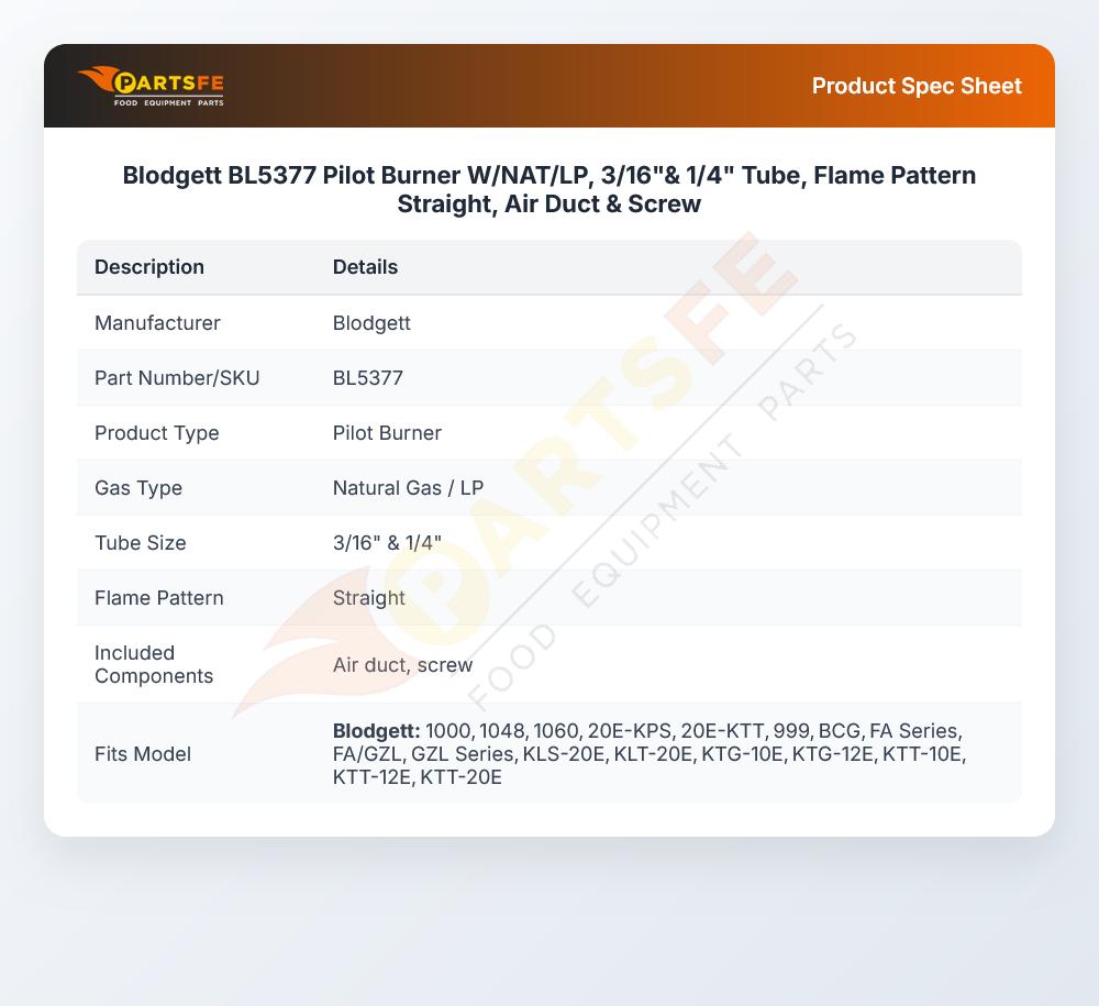 Blodgett BL5377 Pilot Burner W/NAT/LP, 3/16"& 1/4" Tube, Flame Pattern Straight, Air Duct & Screw
