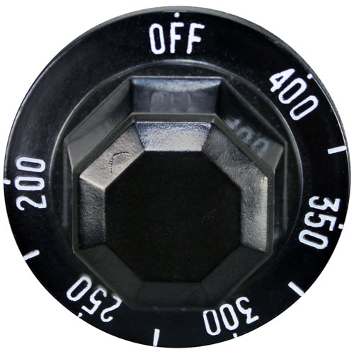 Henny Penny 16706 Black Thermostat Knob W/White Printed Numbers, 2" DIA, OFF-400-200F, Mount .187", Flat Down