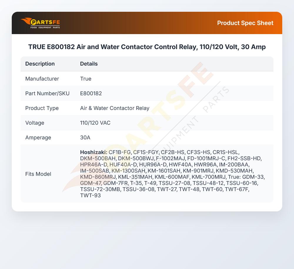 TRUE E800182 Air and Water Contactor Control Relay, 110/120 Volt, 30 Amp