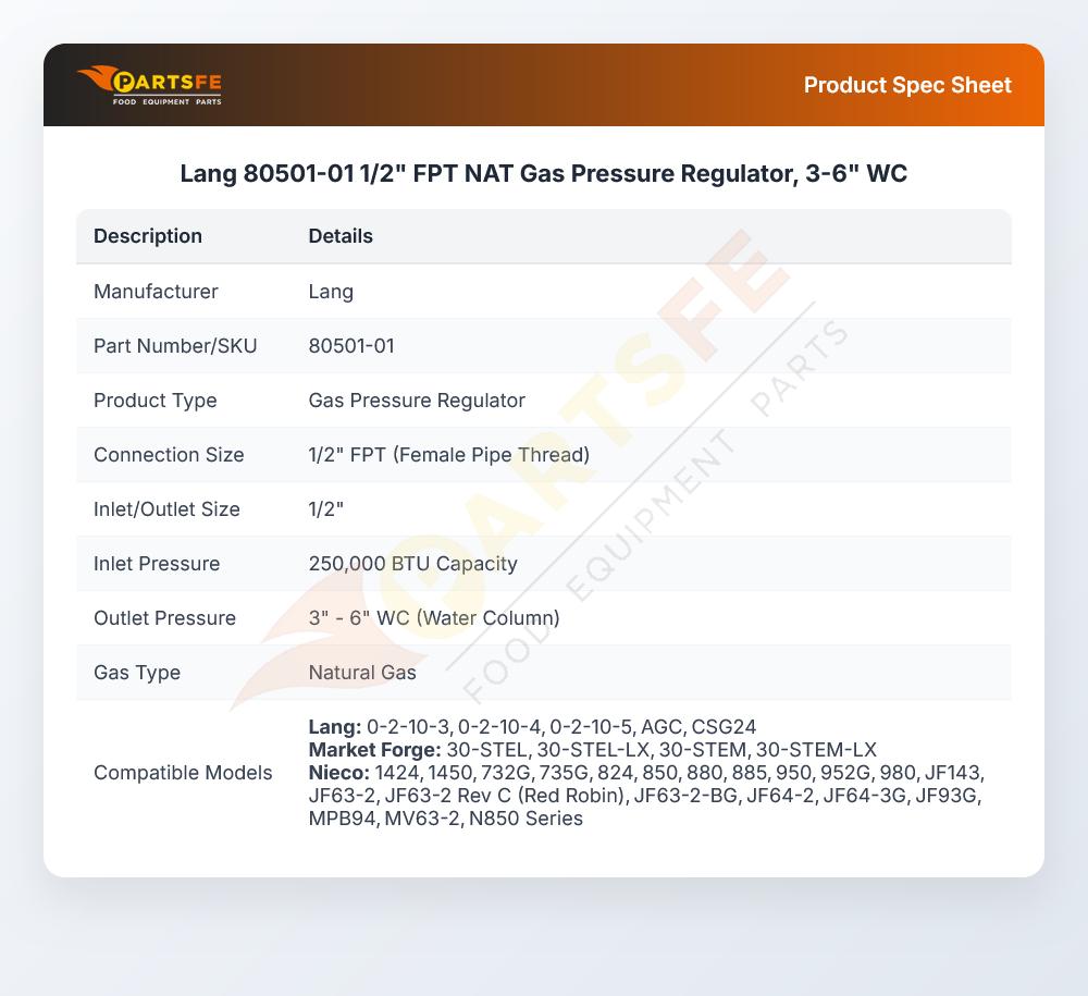Lang 80501-01 1/2" FPT NAT Gas Pressure Regulator, 3-6" WC