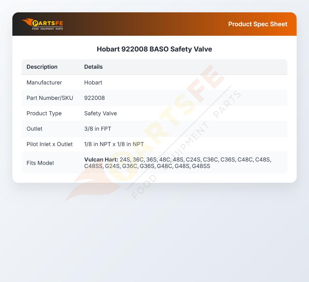 Hobart 922008 BASO Safety Valve