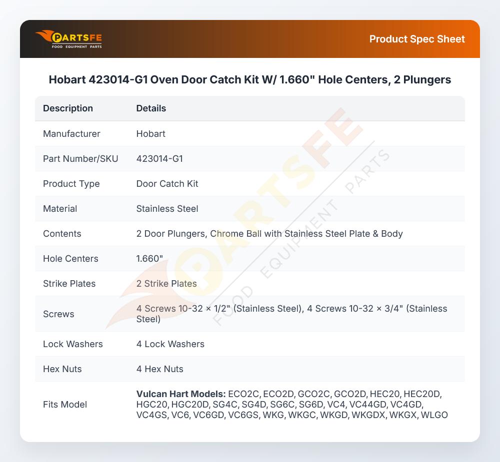 Hobart 423014-G1 Oven Door Catch Kit W/ 1.660" Hole Centers, 2 Plungers