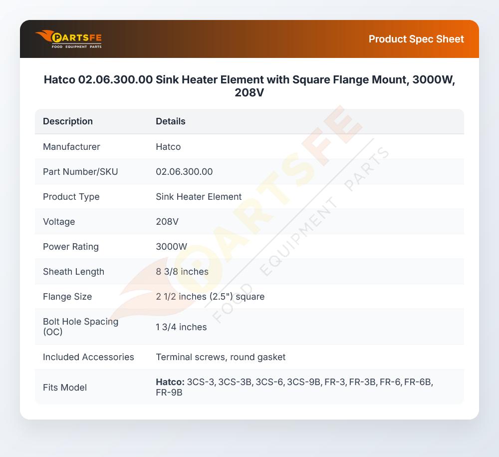Hatco 02.06.300.00 Sink Heater Element with Square Flange Mount, 3000W, 208V