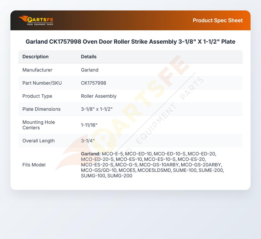 Garland CK1757998 Oven Door Roller Strike Assembly 3-1/8" X 1-1/2" Plate