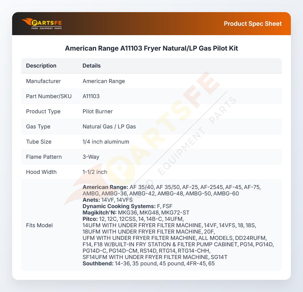 American Range A11103 Fryer Natural/LP Gas Pilot Kit