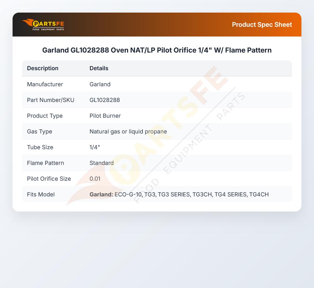 Garland GL1028288 Oven NAT/LP Pilot Orifice  1/4" W/ Flame Pattern