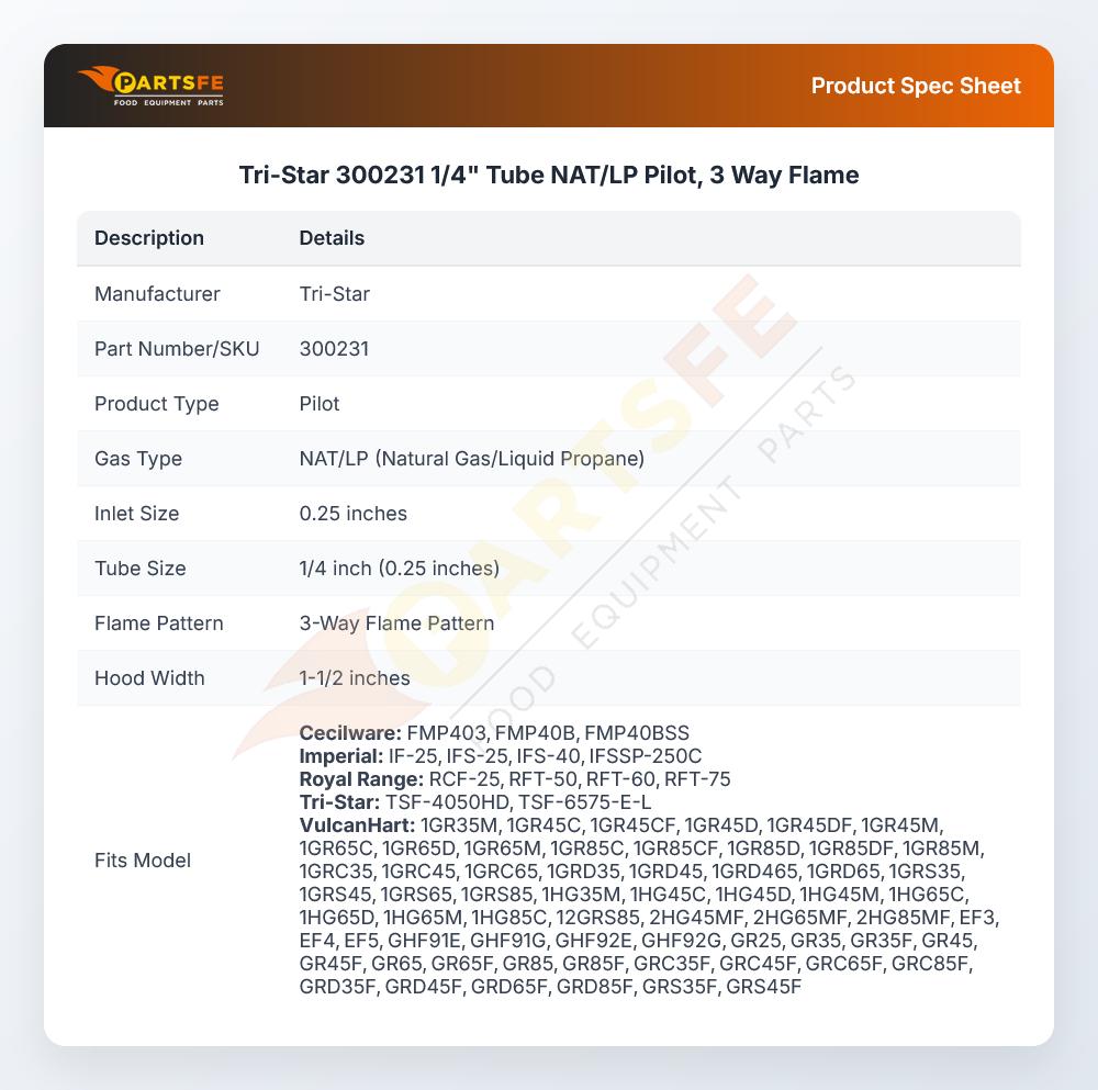 Tri-Star 300231 NAT/LP 3-Way Flame Pilot 1/4" Tube