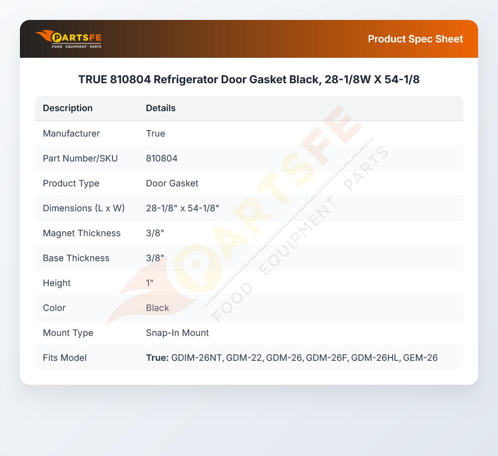 TRUE 810804 Refrigerator Door Gasket Black,  28-1/8W X 54-1/8