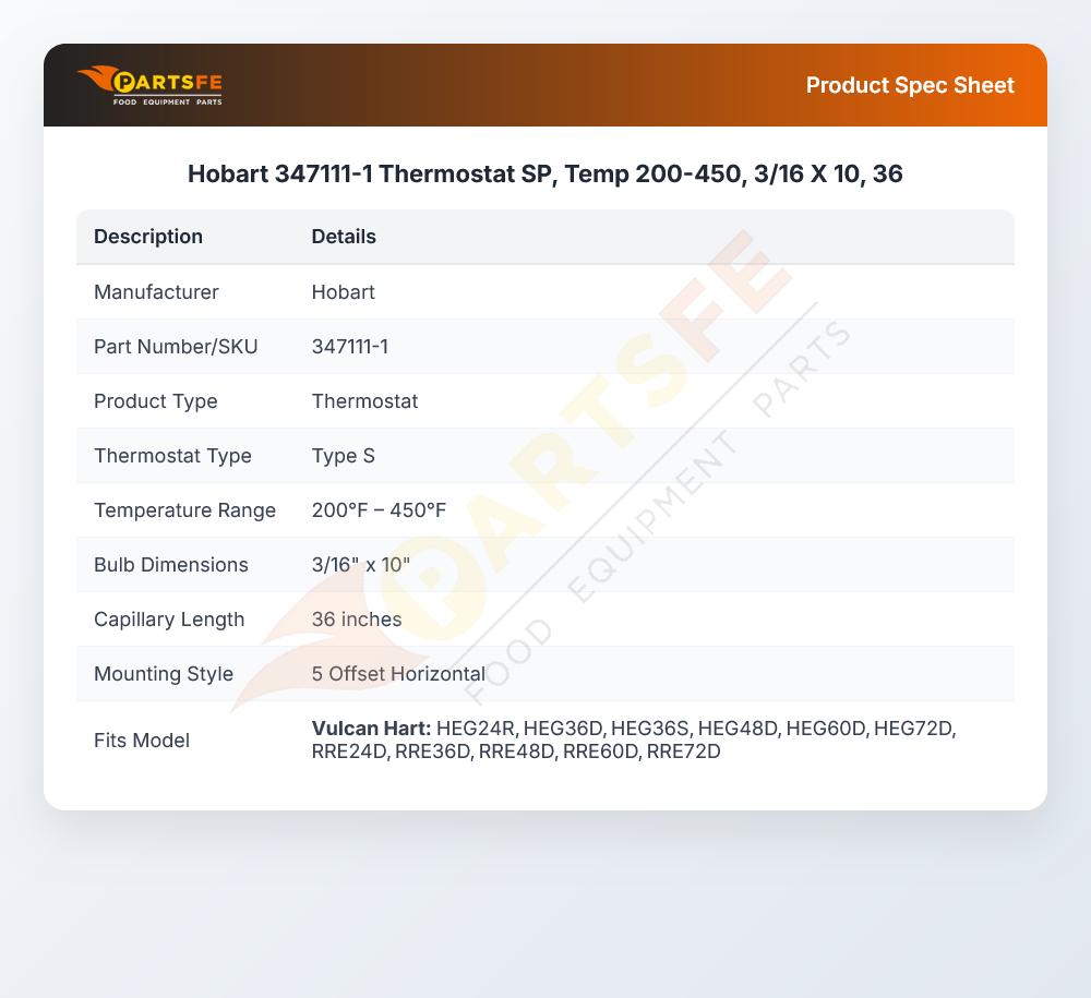 Hobart 347111-1 SP Thermostat 200-450&deg;F 3/16" x 10" Bulb 36" CAP