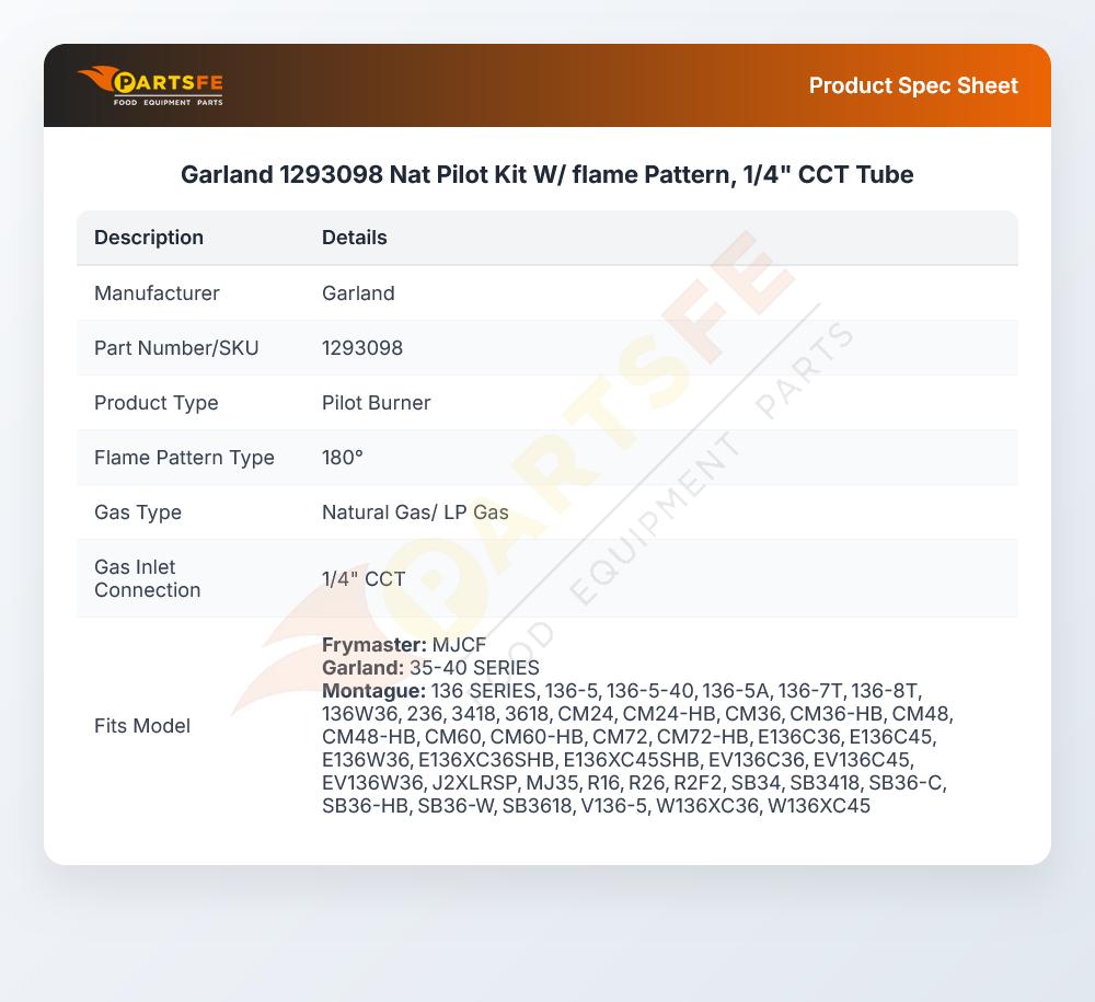 Garland 1293098 Nat Pilot Kit W/ flame Pattern, 1/4" CCT Tube