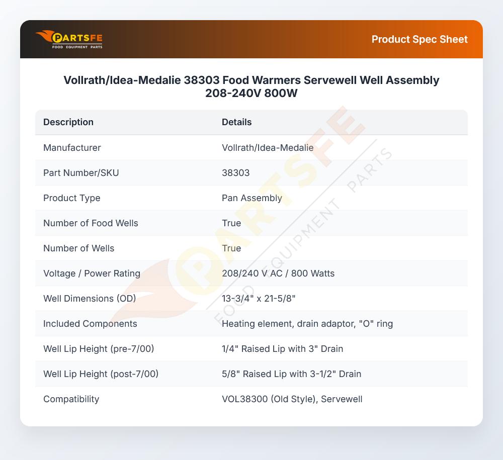Vollrath/Idea-Medalie 38303 Well Assembly 800W 208-240V