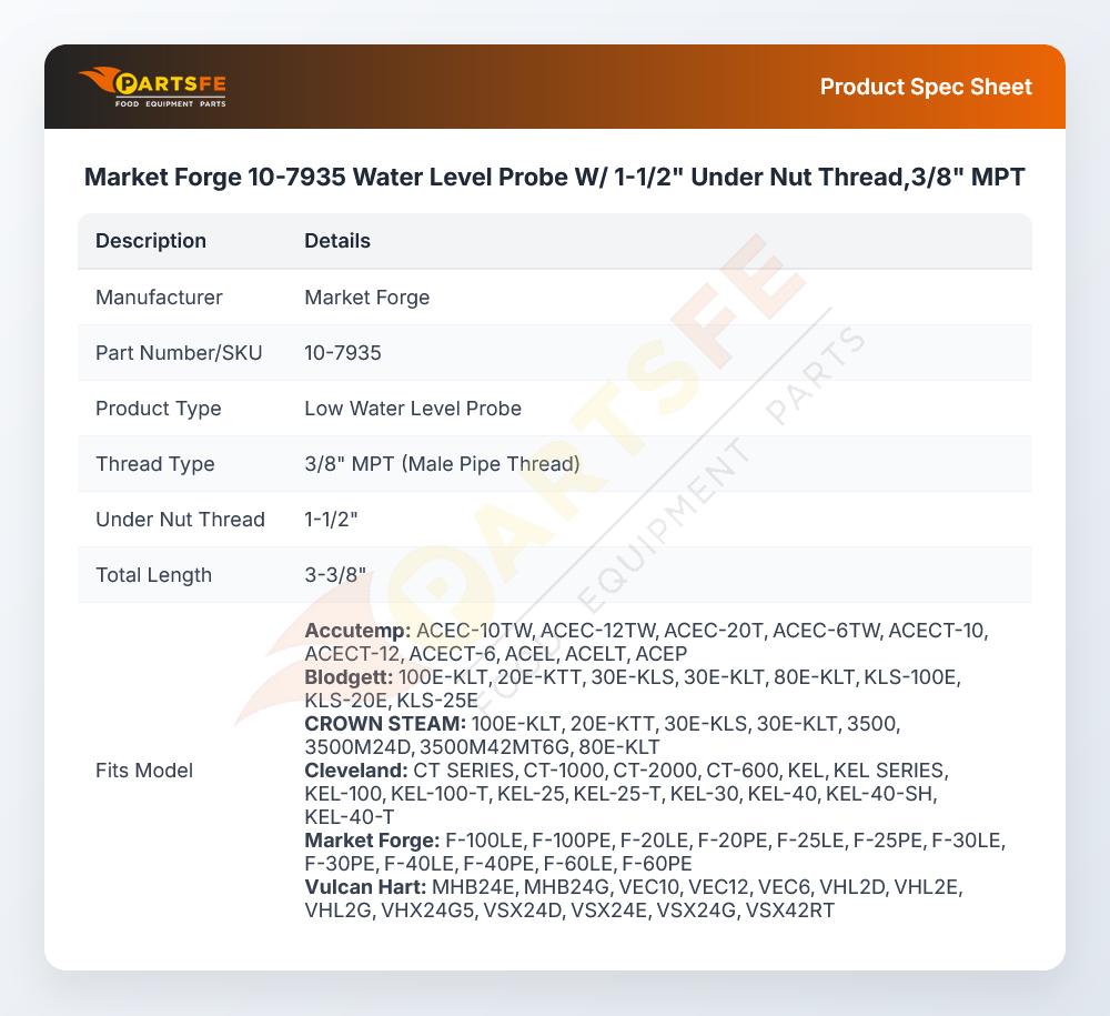 Market Forge 10-7935 Jacketed Kettles Water Level Probe W/Under Nut Thread 1-1/2" 3/8" MPT