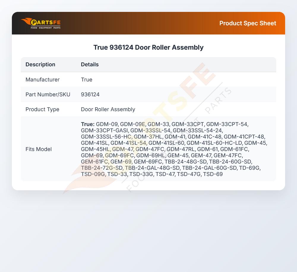 True 936124 Top Hung Door Roller Assembly