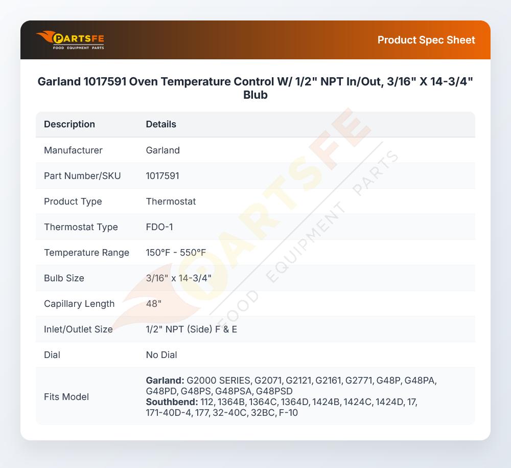 Garland 1017591 Temperature Control Thermostat 1/2" NPT 3/16" X 14-3/4" 150&deg;F-550&deg;F FDO