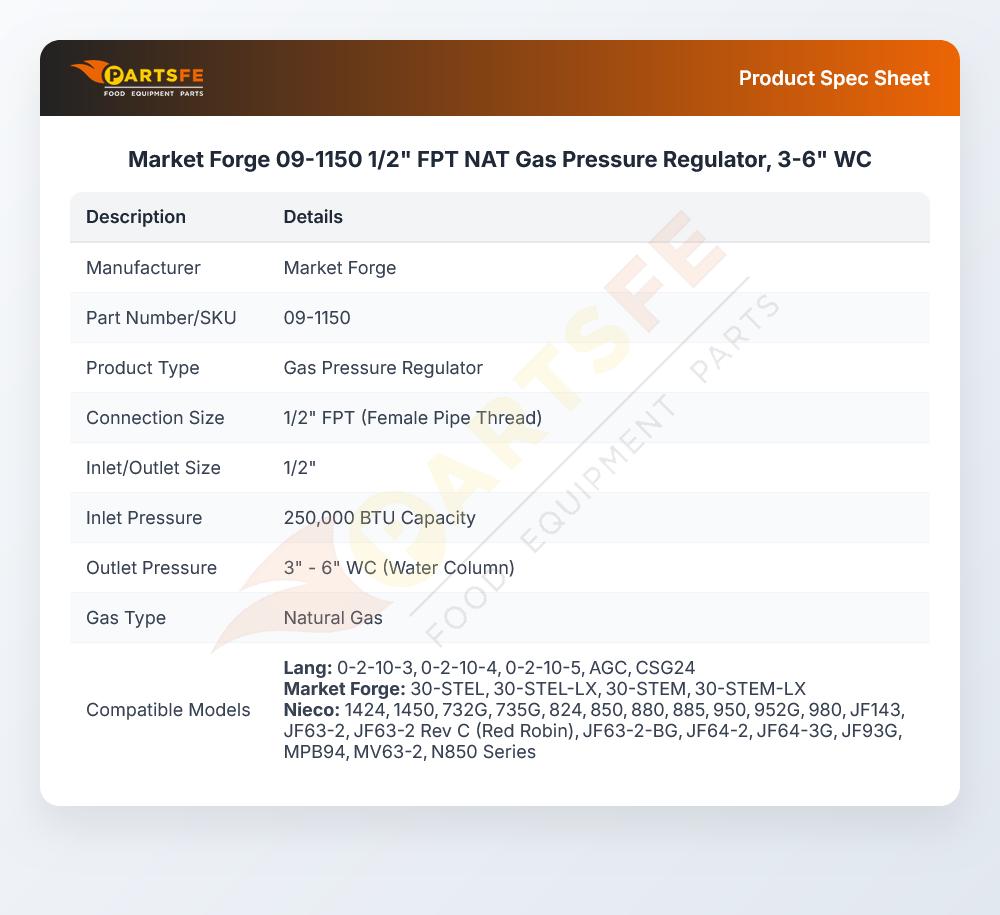 Market Forge 09-1150 Pressure Regulator NAT Gas 1/2" FPT 4"WC