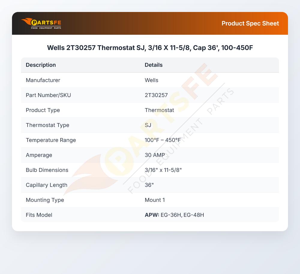 Wells 2T30257 Thermostat SJ, 3/16 X 11-5/8, Cap 36', 100-450F