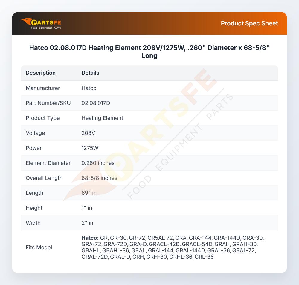 Hatco 02.08.017D Heating Element 208V/1275W, .260" Diameter x 68-5/8" Long